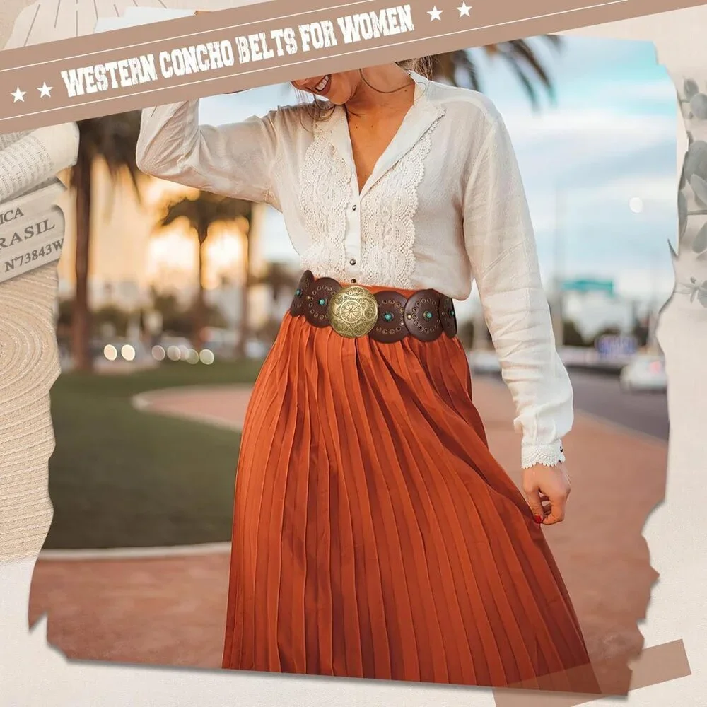 Woman's Western PU Leather Belts Concho Disc Wide Waist Belt Brown Bronze Buckle - Picture 5 of 6
